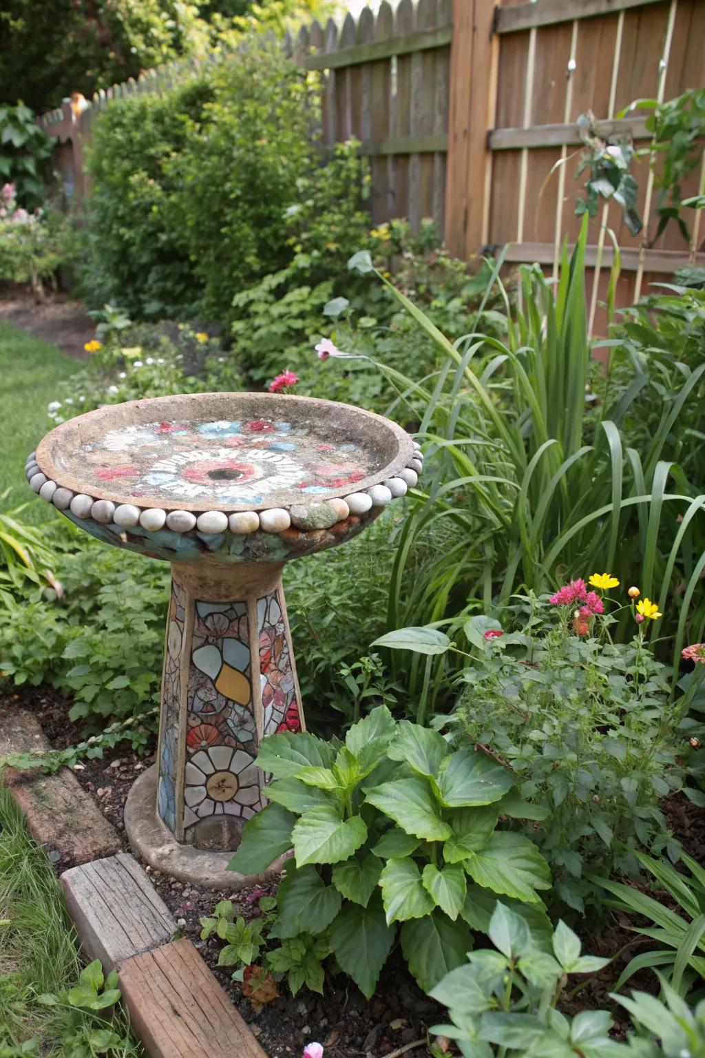 An eco-friendly mosaic bird bath, showcasing creativity and sustainability.