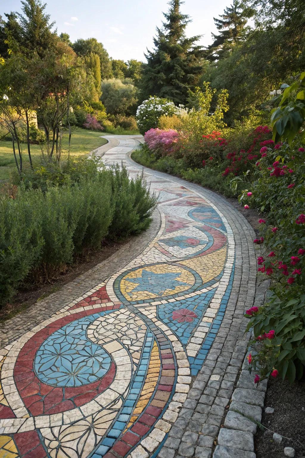 An abstract mosaic pathway that transforms the garden into an artistic adventure.