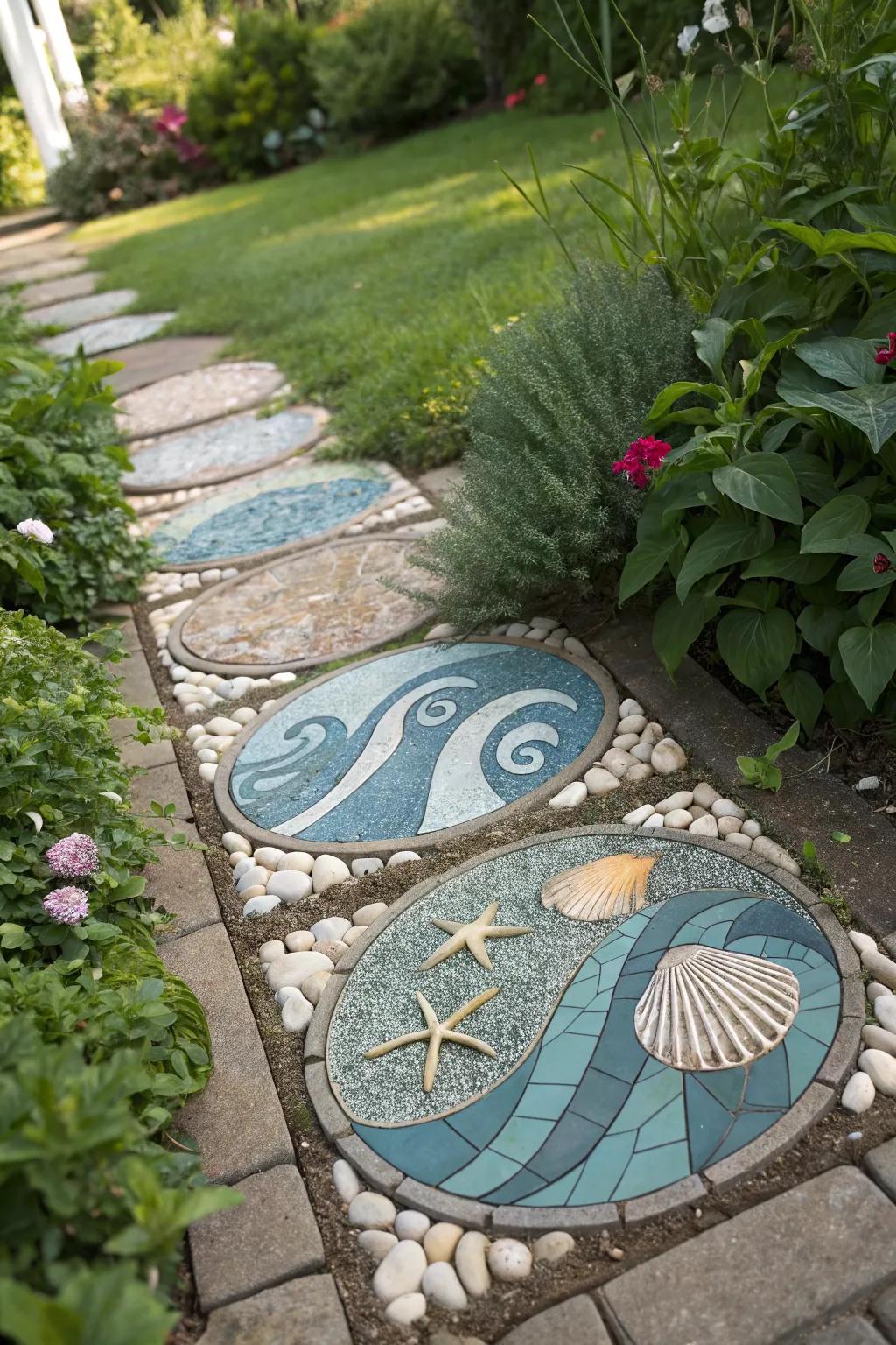 Ocean-themed mosaic stones bring seaside vibes to your backyard