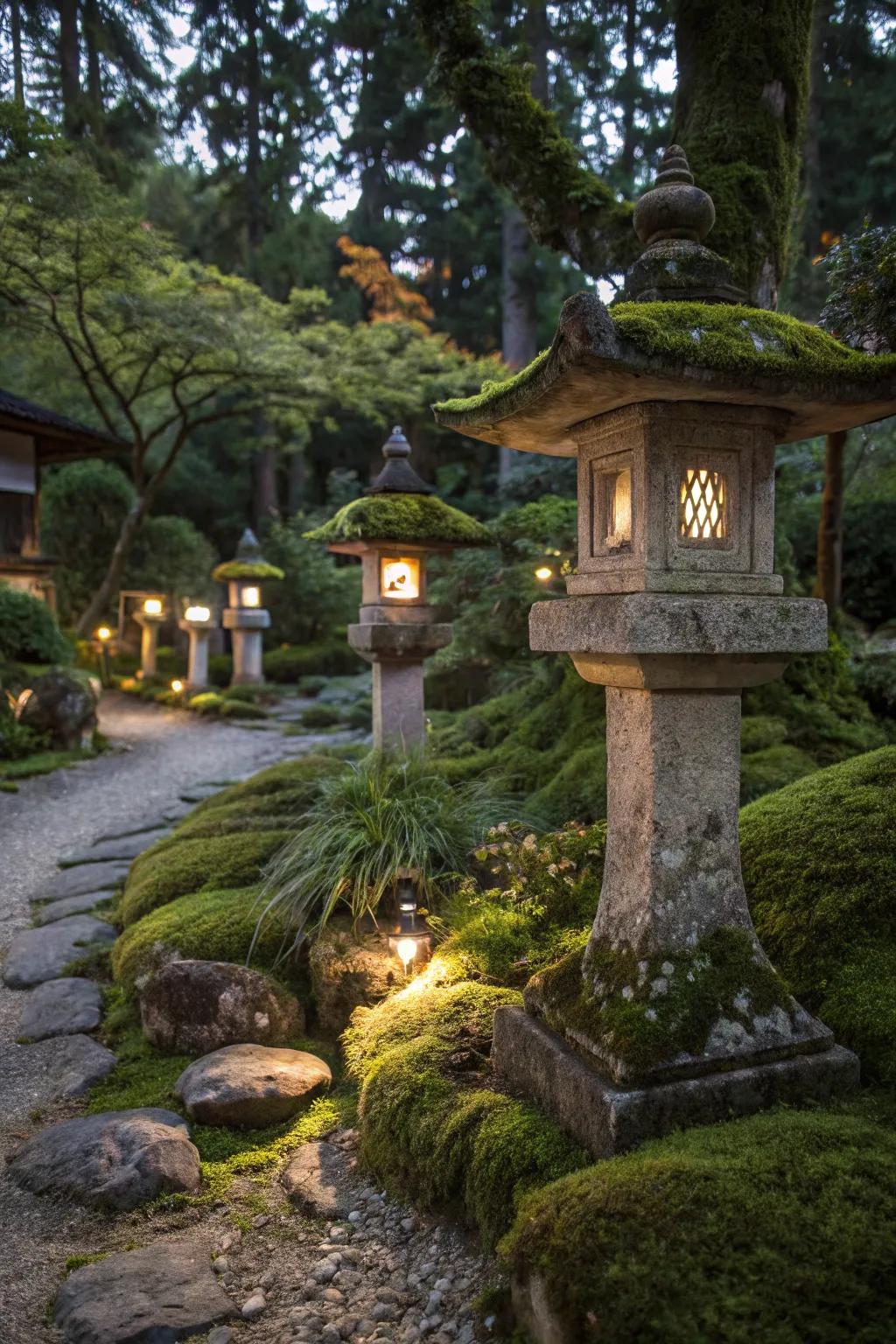 Stone lanterns, partially covered with moss, casting a soft evening glow in the garden.