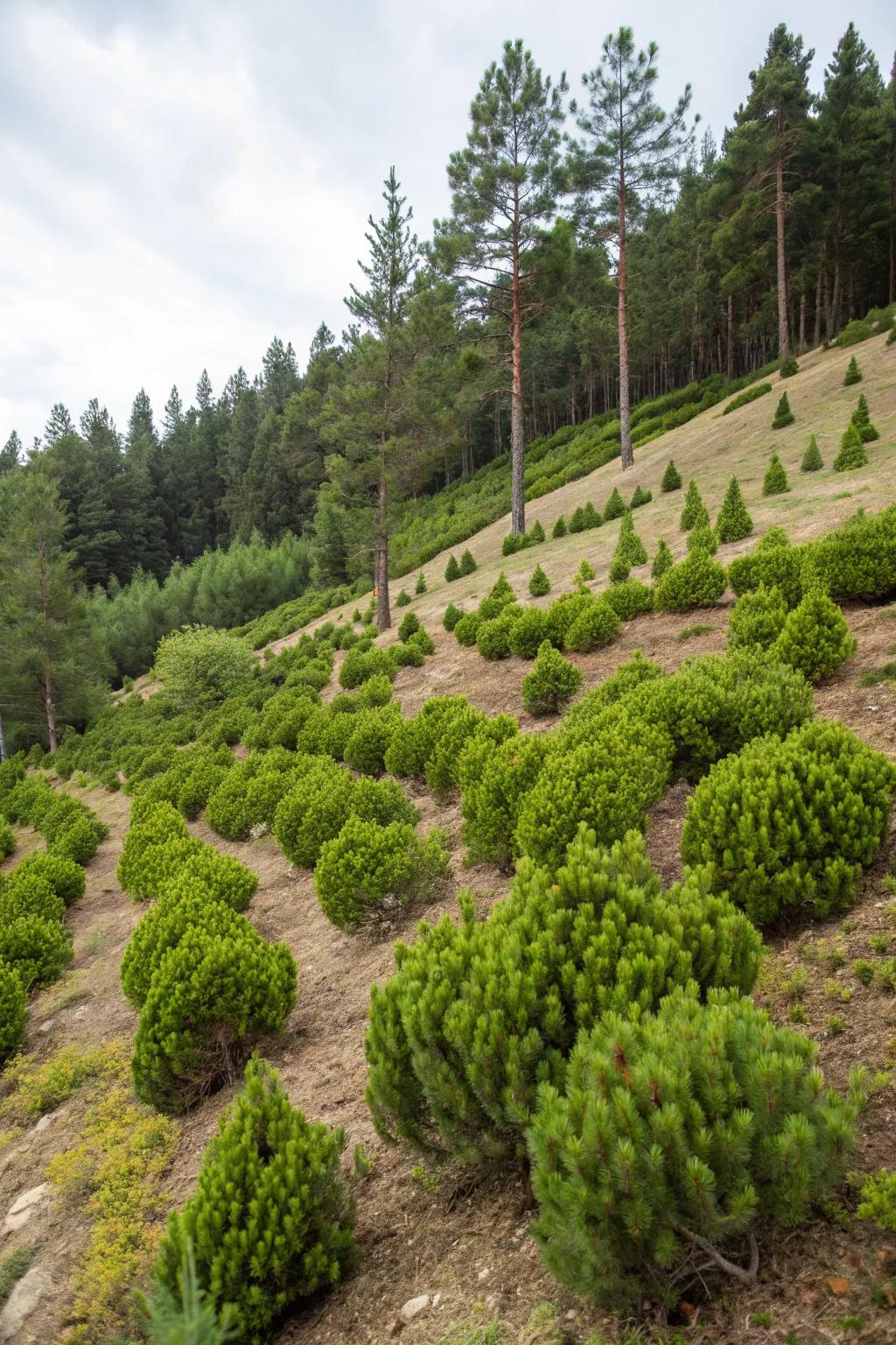 Stabilize slopes in your garden with mugo pines.
