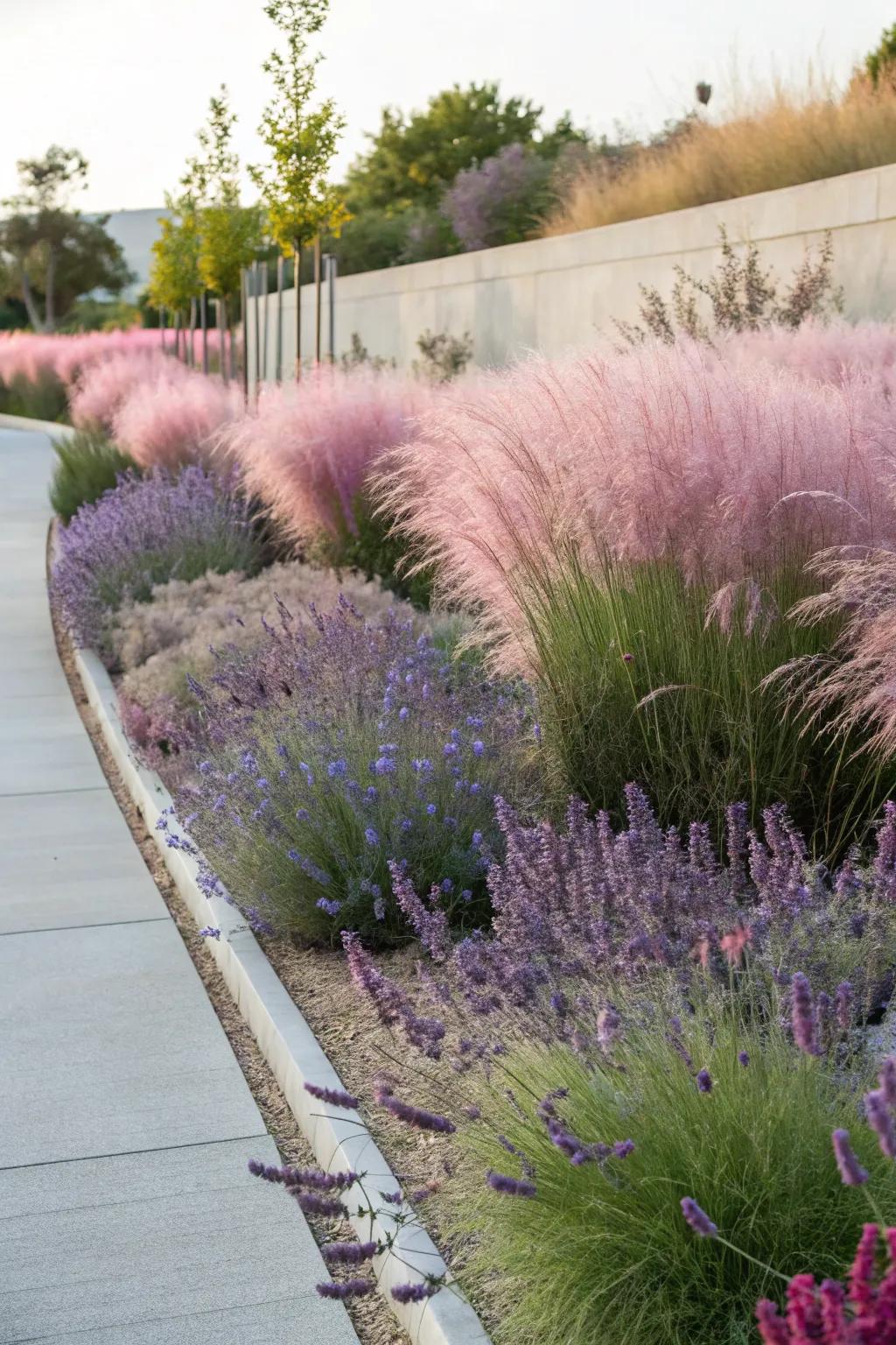 A romantic pairing of muhly grass with lavender and Russian sage.