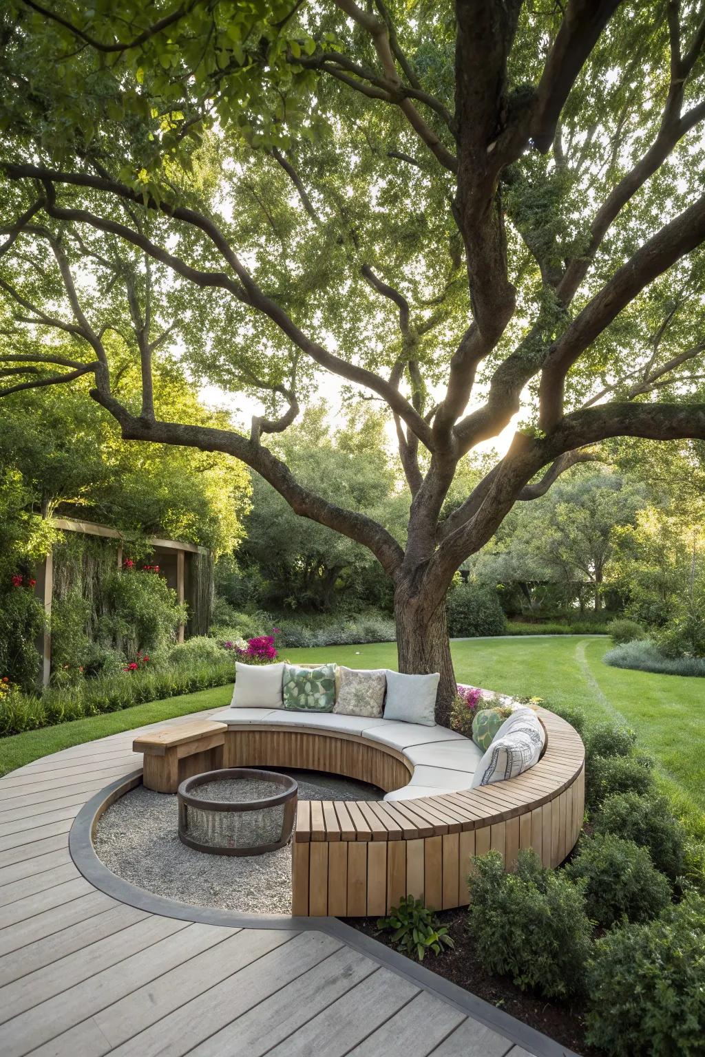 A circular bench offers a charming spot to enjoy your garden.
