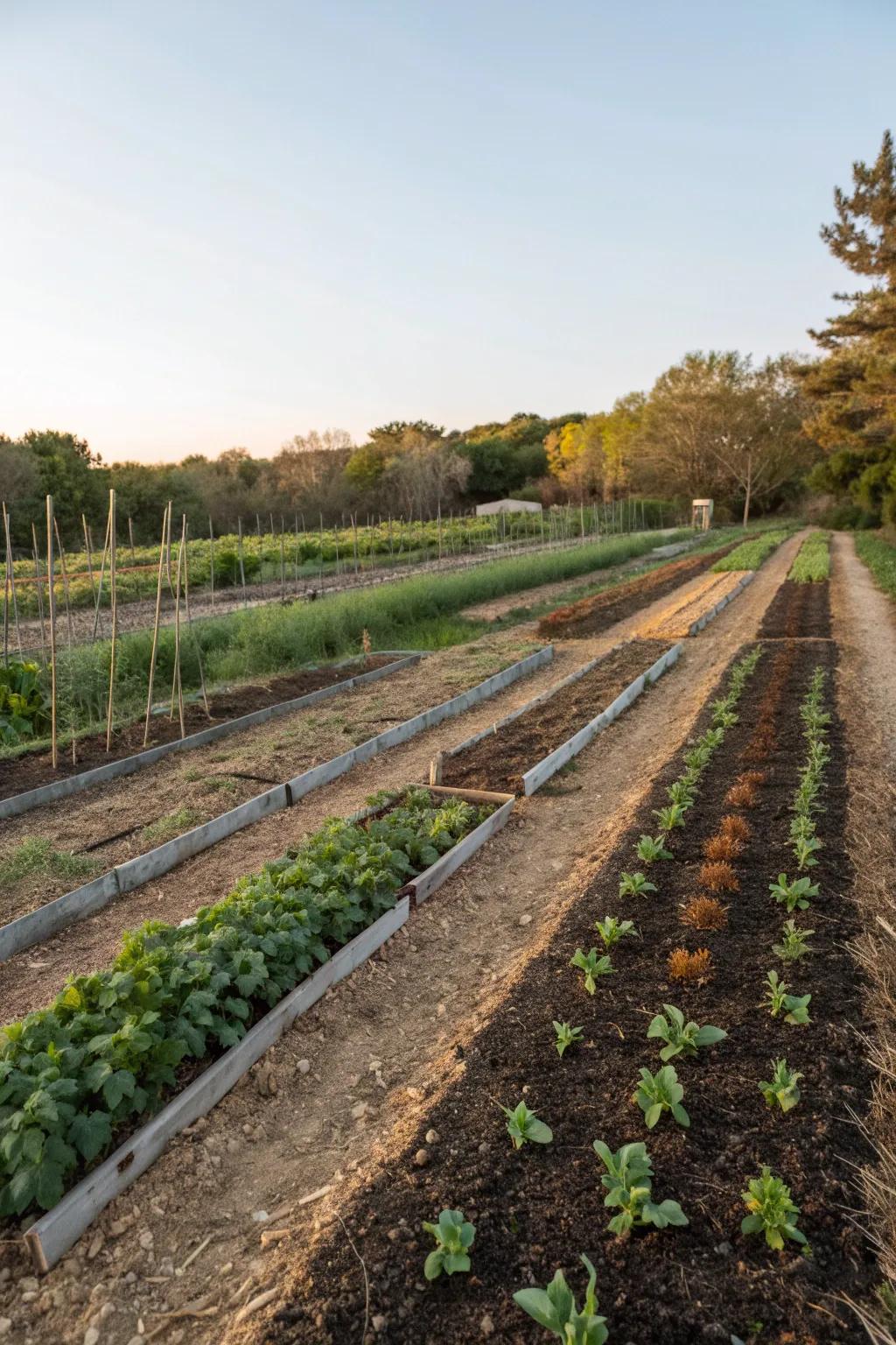 A thriving vegetable garden with mulch helping to maintain soil moisture.