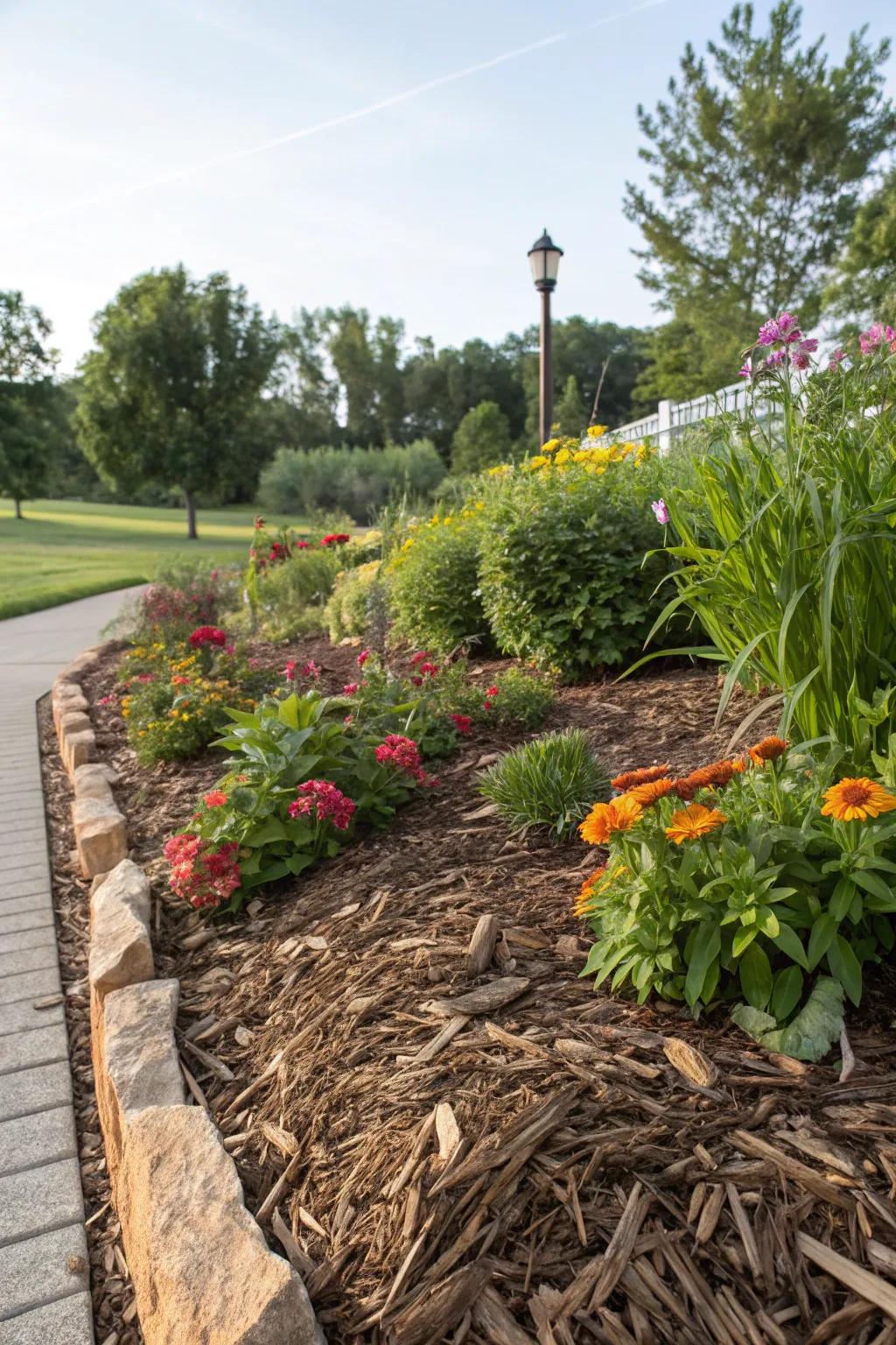 Garden beds with mulch borders for added depth.