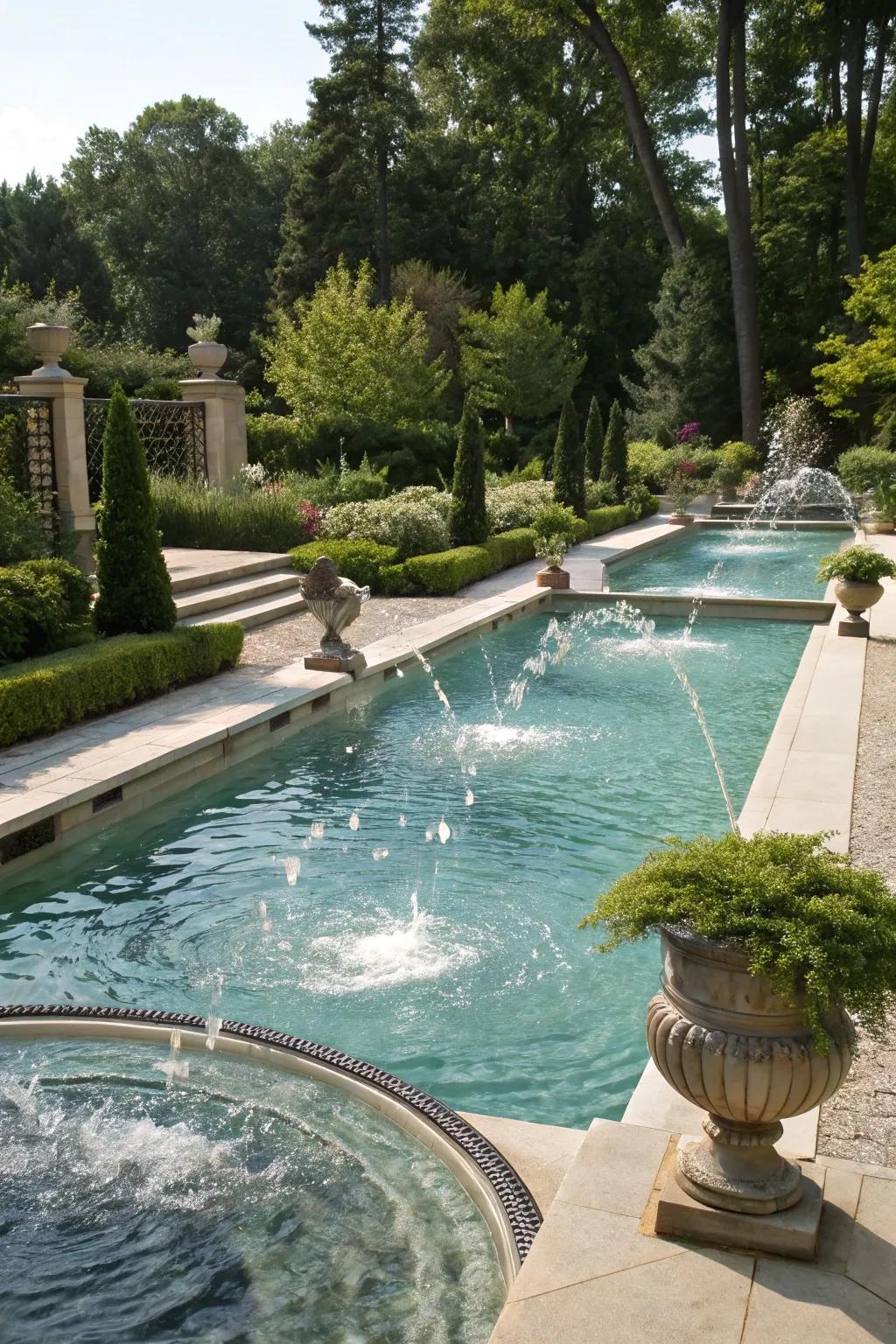 Water features add movement and a soothing ambiance to the pool.
