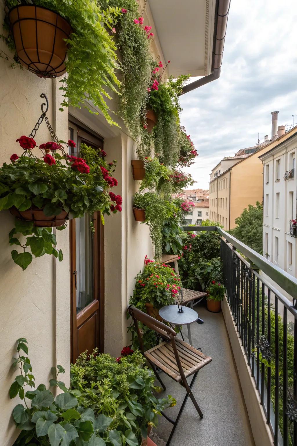Hanging planters add vertical greenery to narrow balconies.