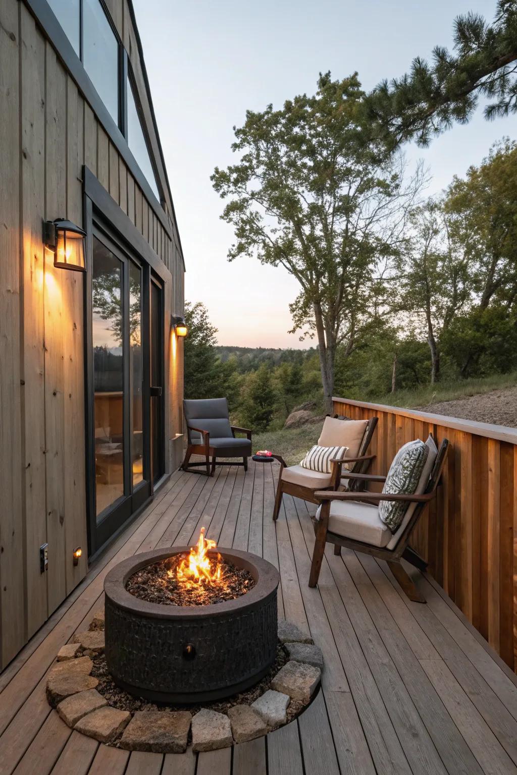 A compact fire pit becomes the cozy centerpiece of the deck.