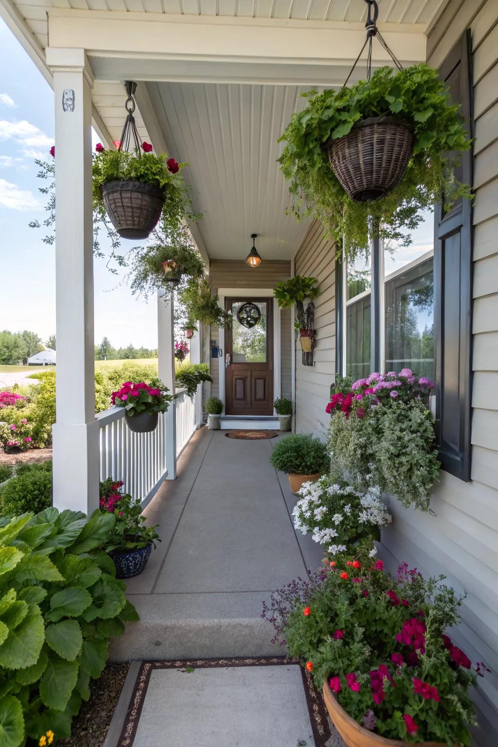 Symmetry creates a balanced and appealing look on a narrow porch.