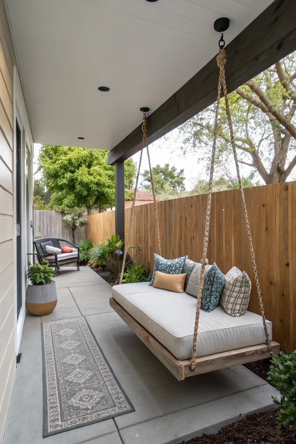 Hanging daybed on a narrow patio.