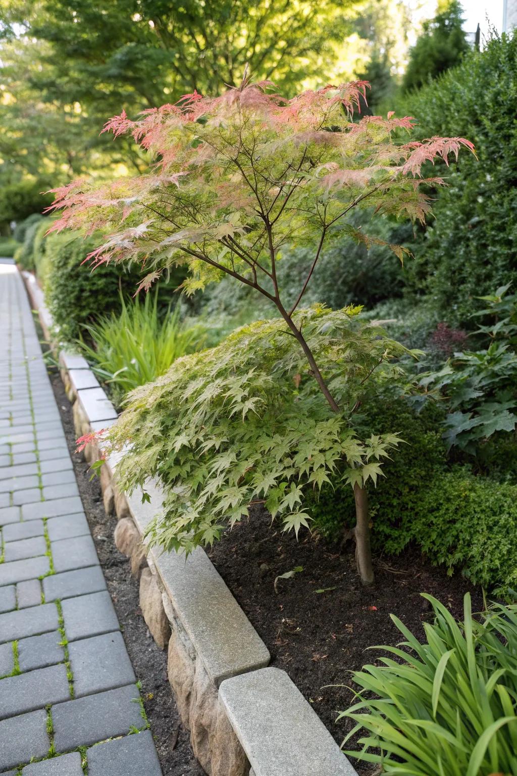 A dwarf Japanese maple adds elegance to this narrow planting strip.