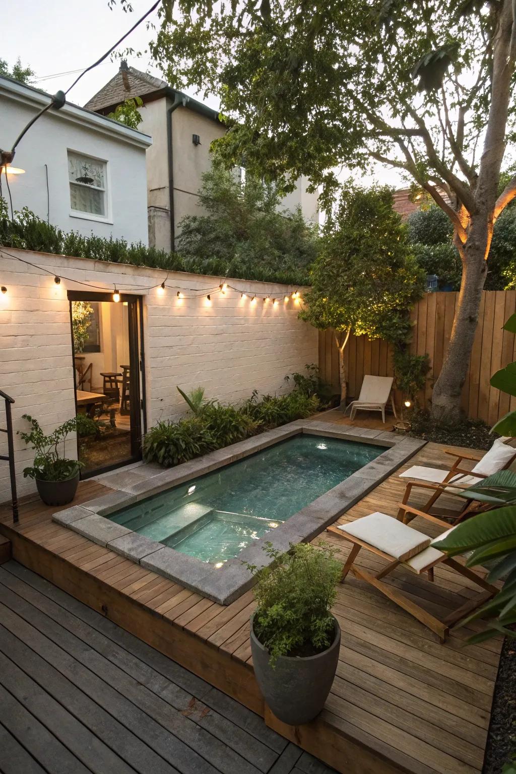 A compact plunge pool offering a refreshing escape in a cozy setting.