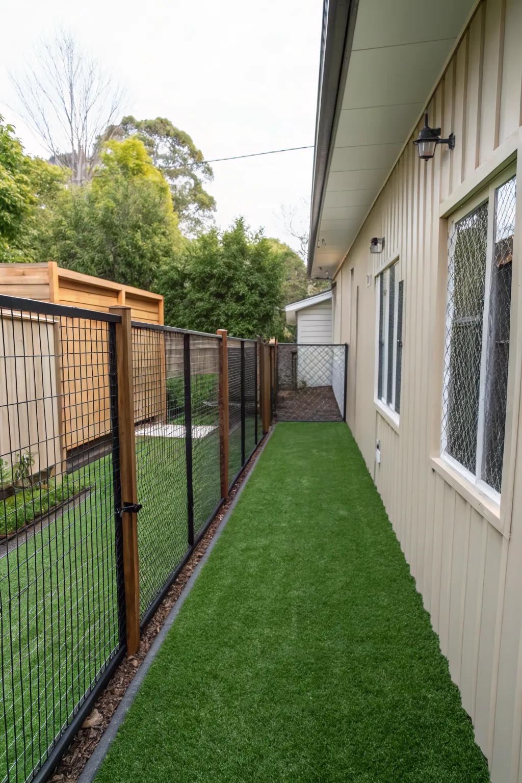 A mini dog run is a great use of narrow space for pet owners.