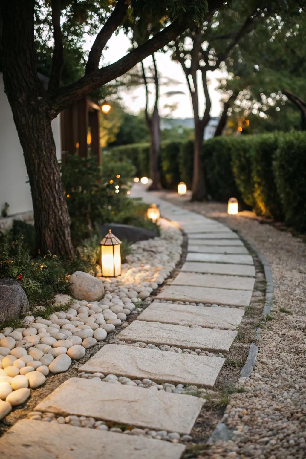 A narrow walkway featuring light-colored stones to create an illusion of width.