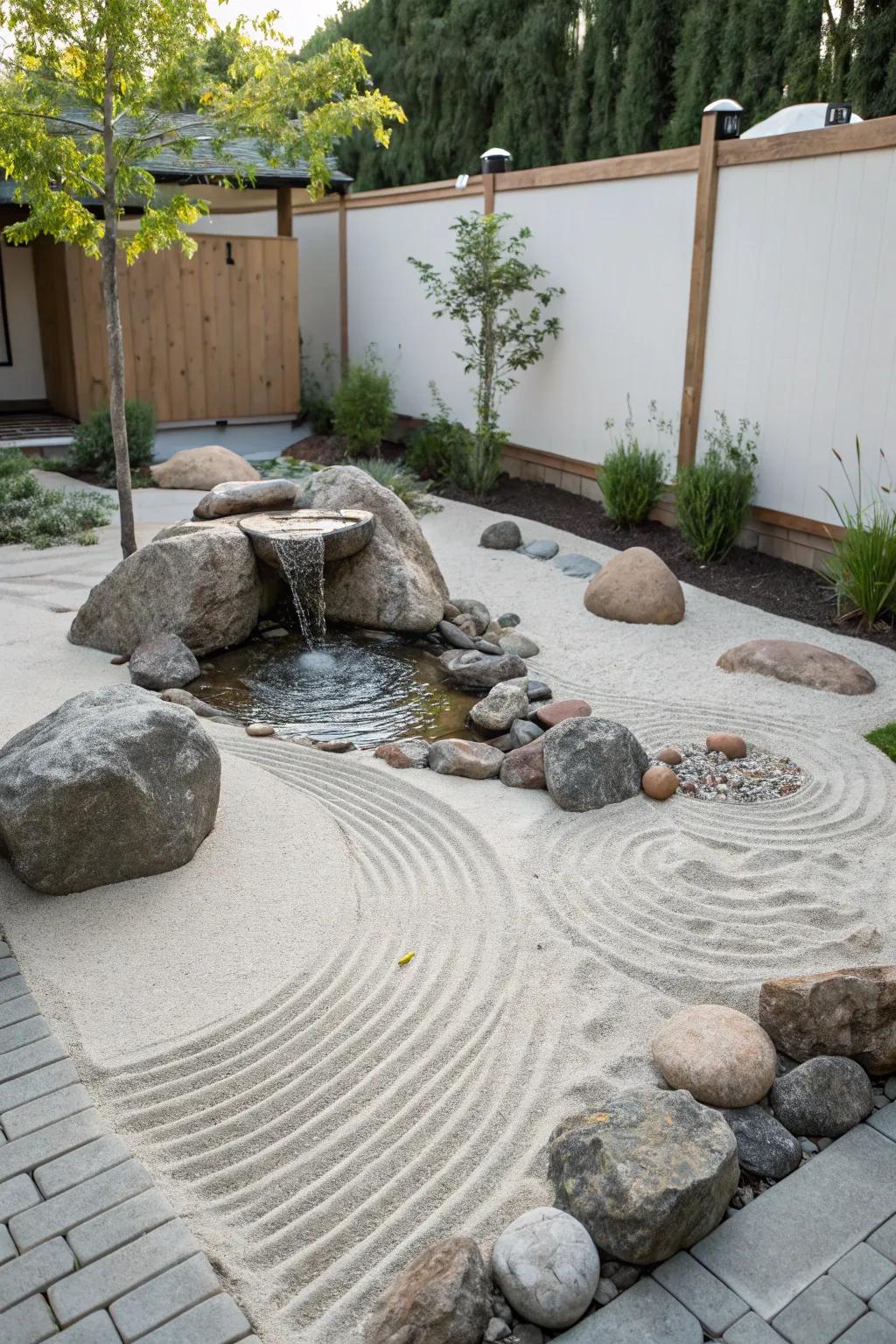 A tranquil Zen garden with sand and rocks for meditation.