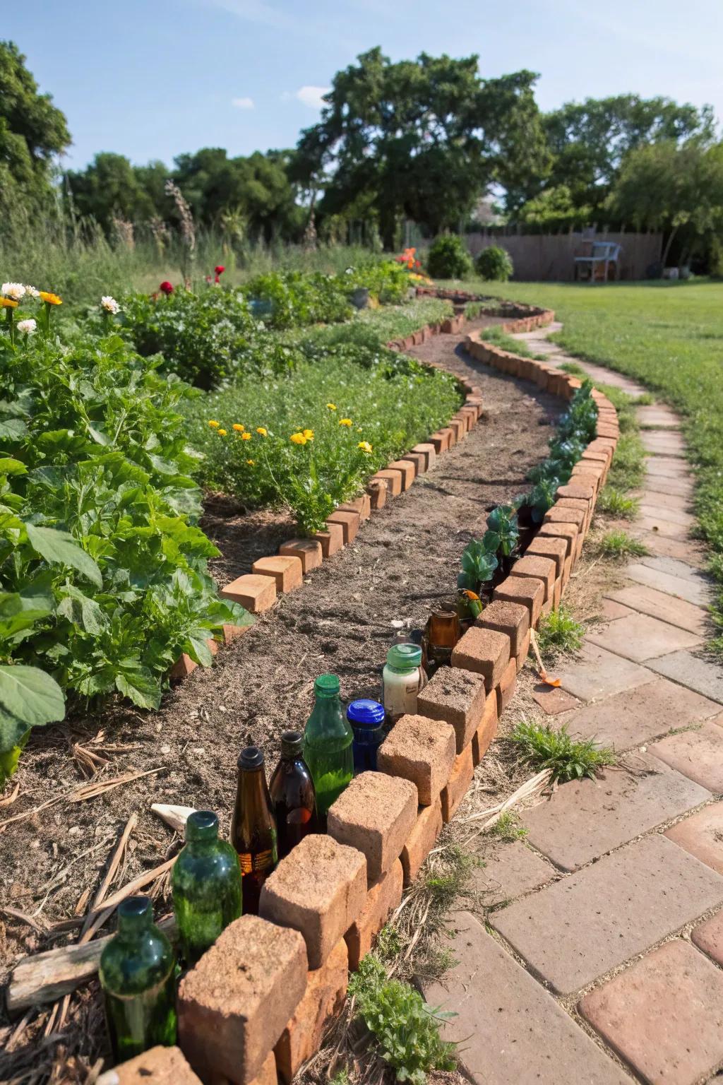Unique garden edging using recycled materials for an eco-friendly touch.