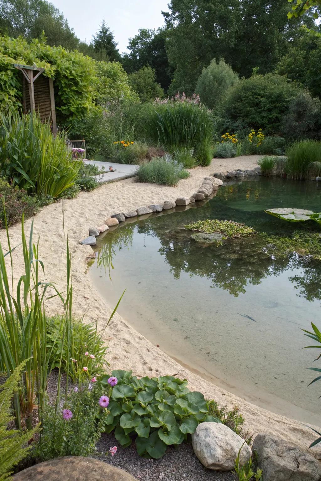 A sandy beach area by a garden pond offering a mini-escape.