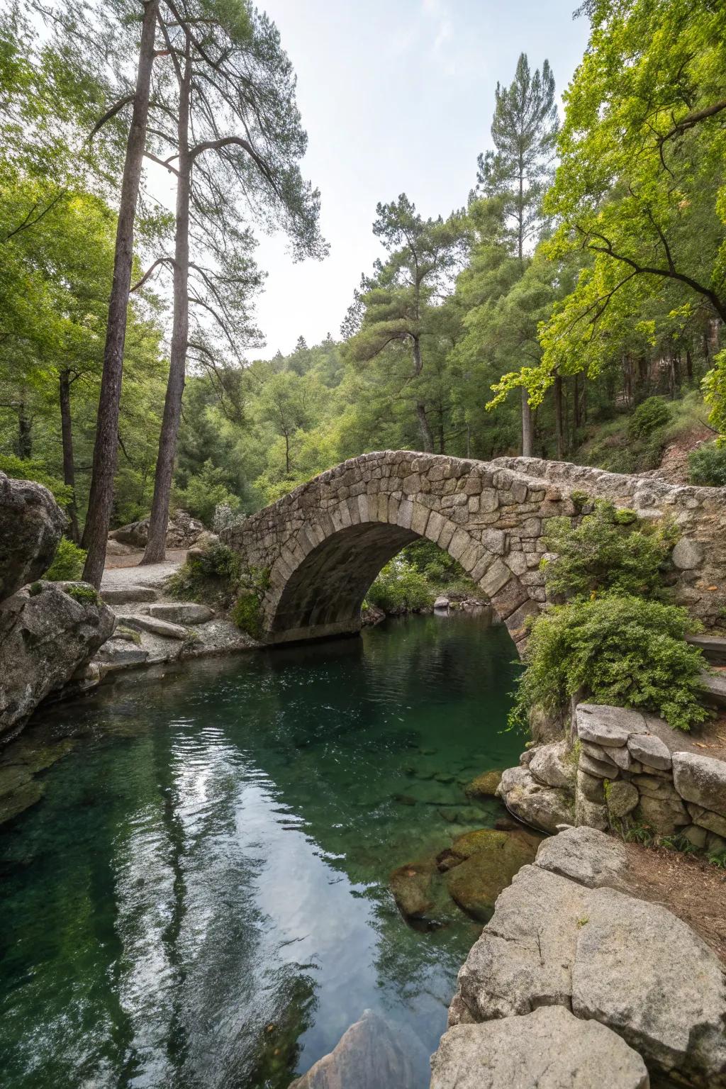 A stone bridge adds charm and functionality to this natural pool design.