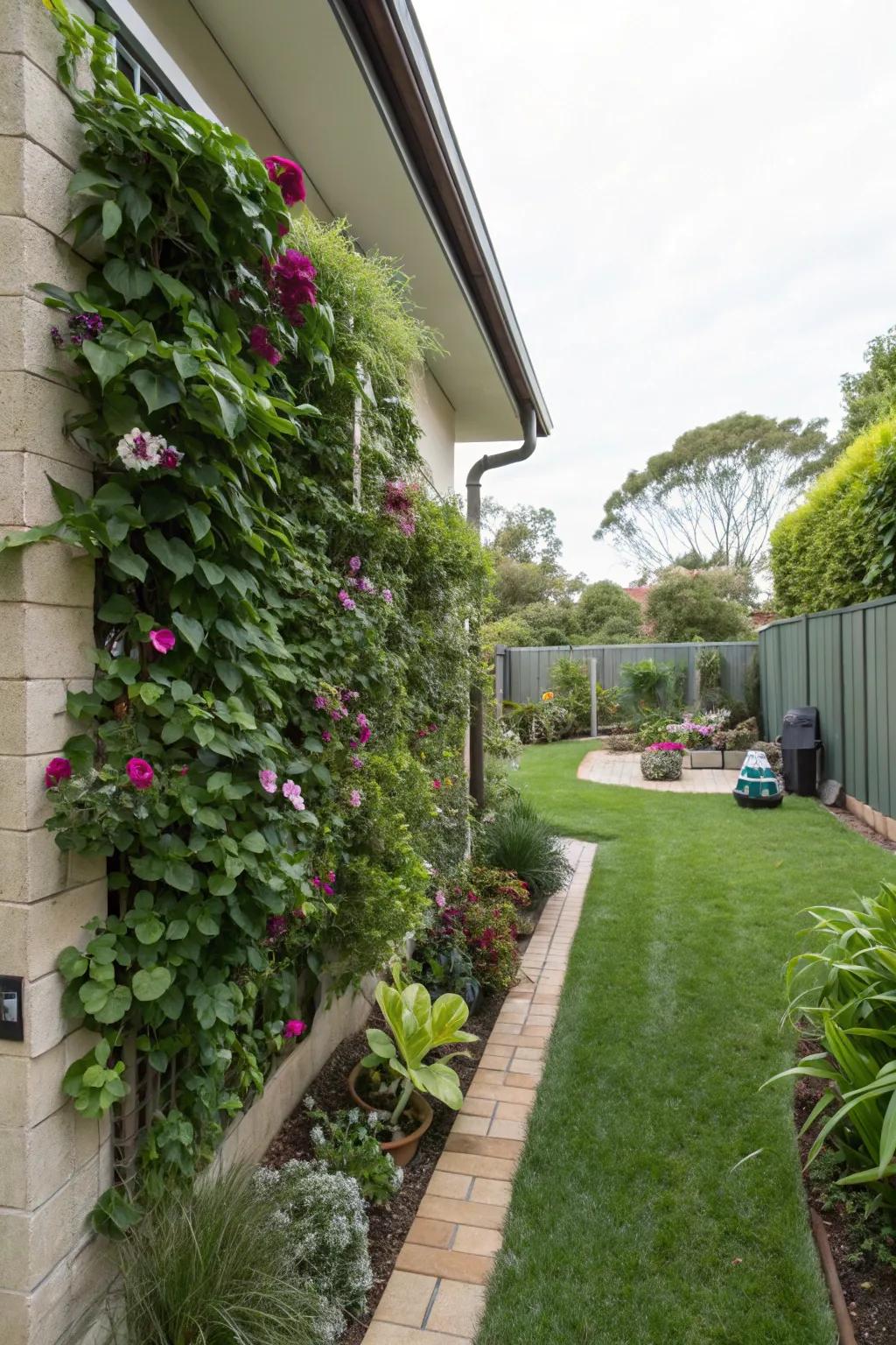 Vertical gardens offer vibrant privacy with seasonal beauty.