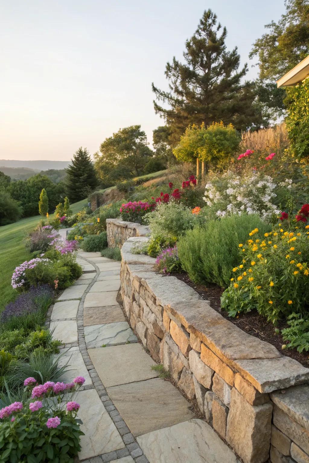 A charming patchwork stone wall that adds character to the garden.
