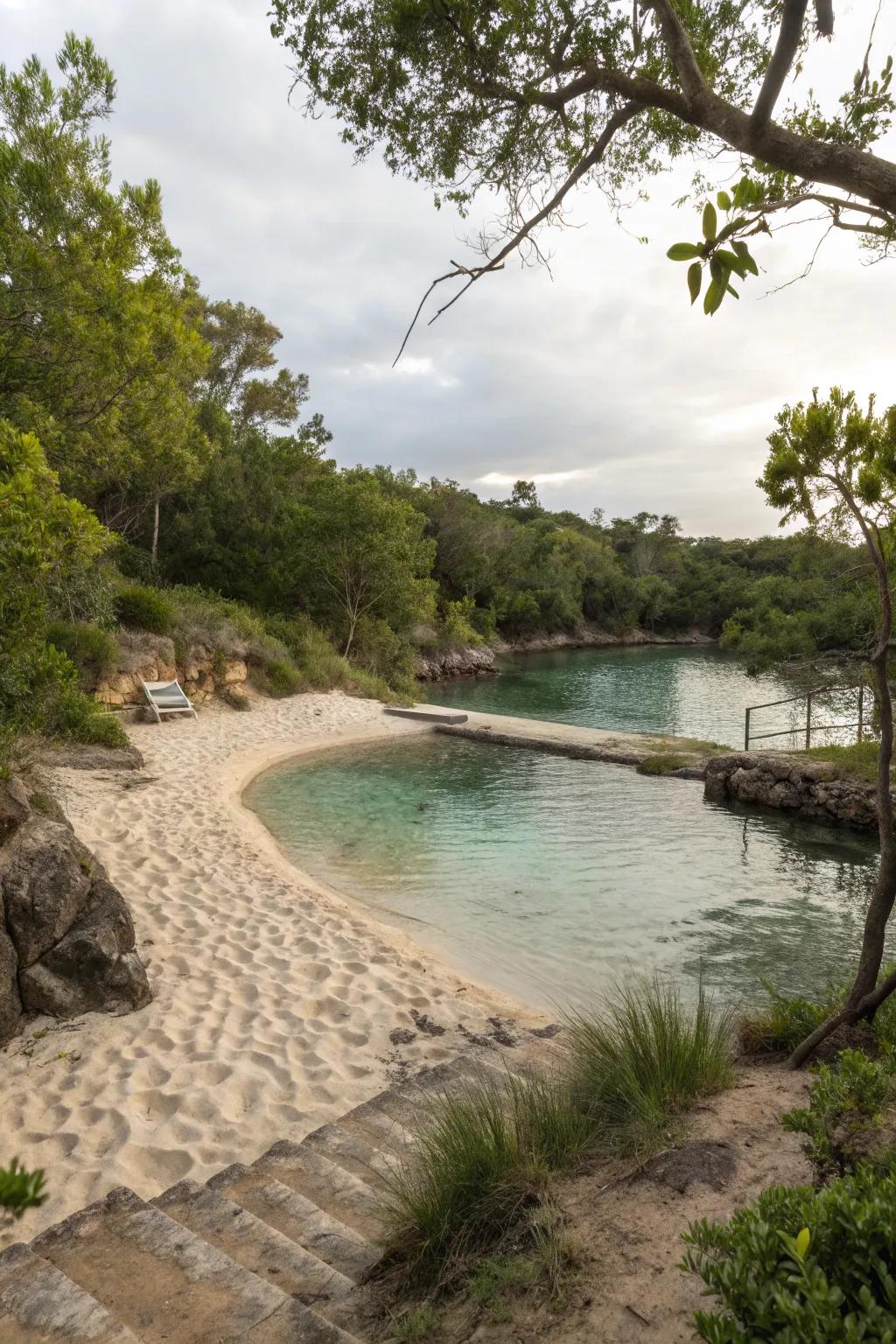 A natural swimming pool featuring a sandy beach entry for a gentle and fun access to the water.