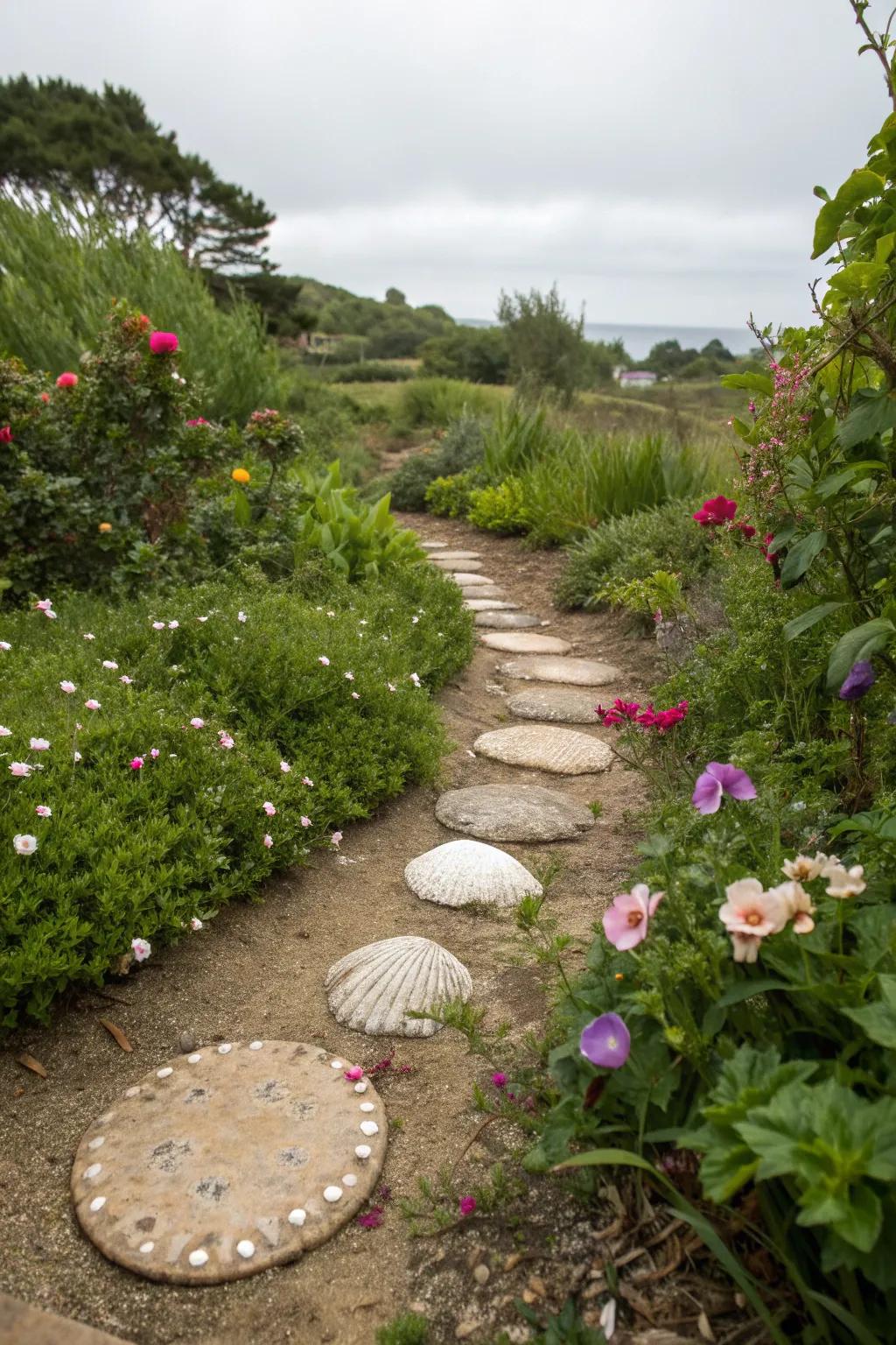 Seashell stepping stones add a creative coastal touch to pathways.