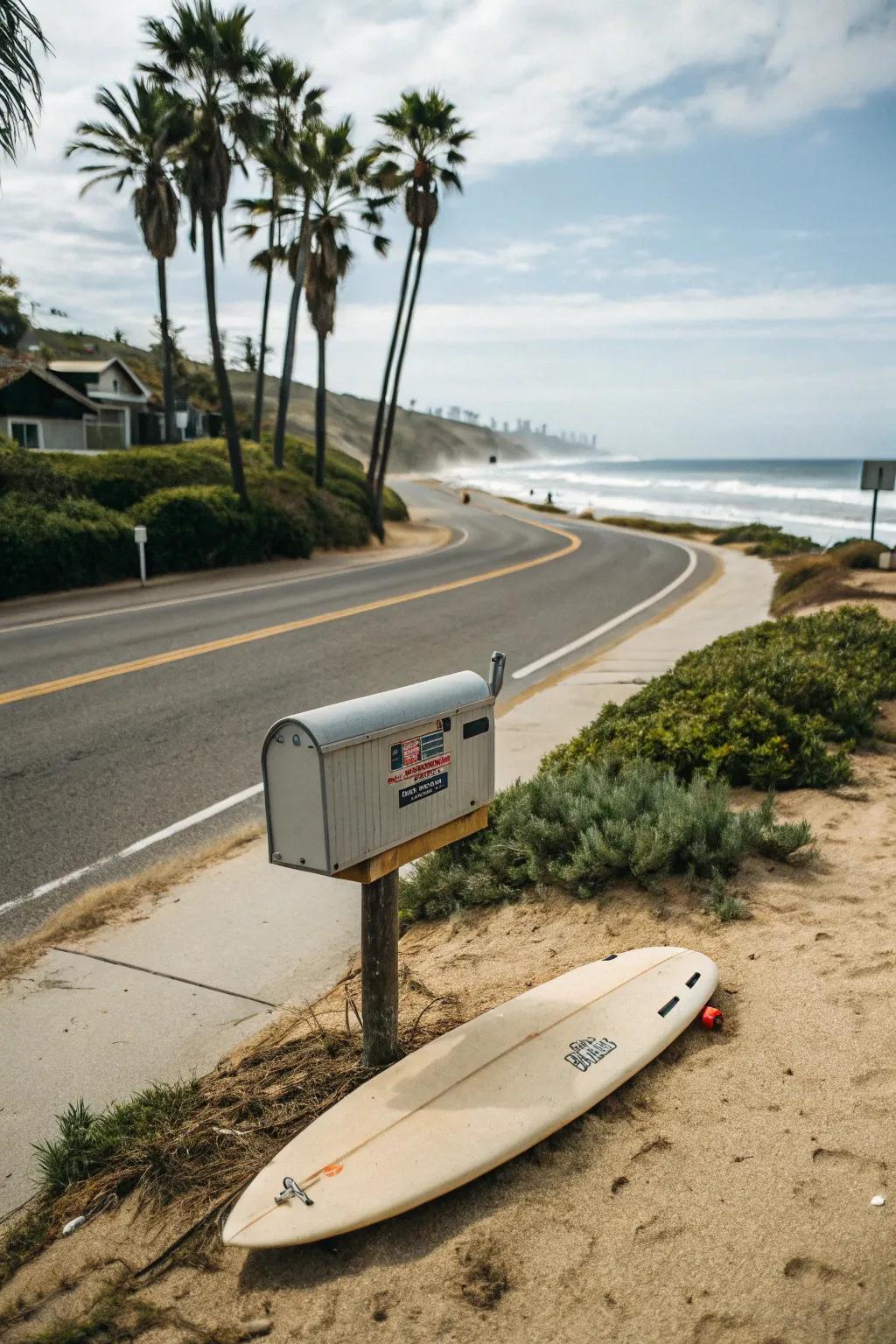 A mailbox creatively mounted on a surfboard.