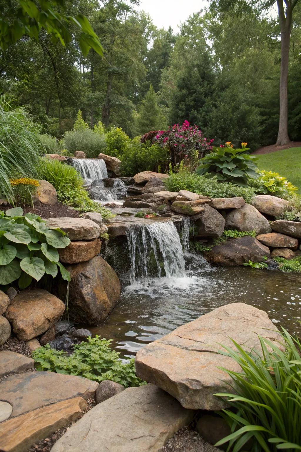 A backyard waterfall creates a tranquil, natural atmosphere.