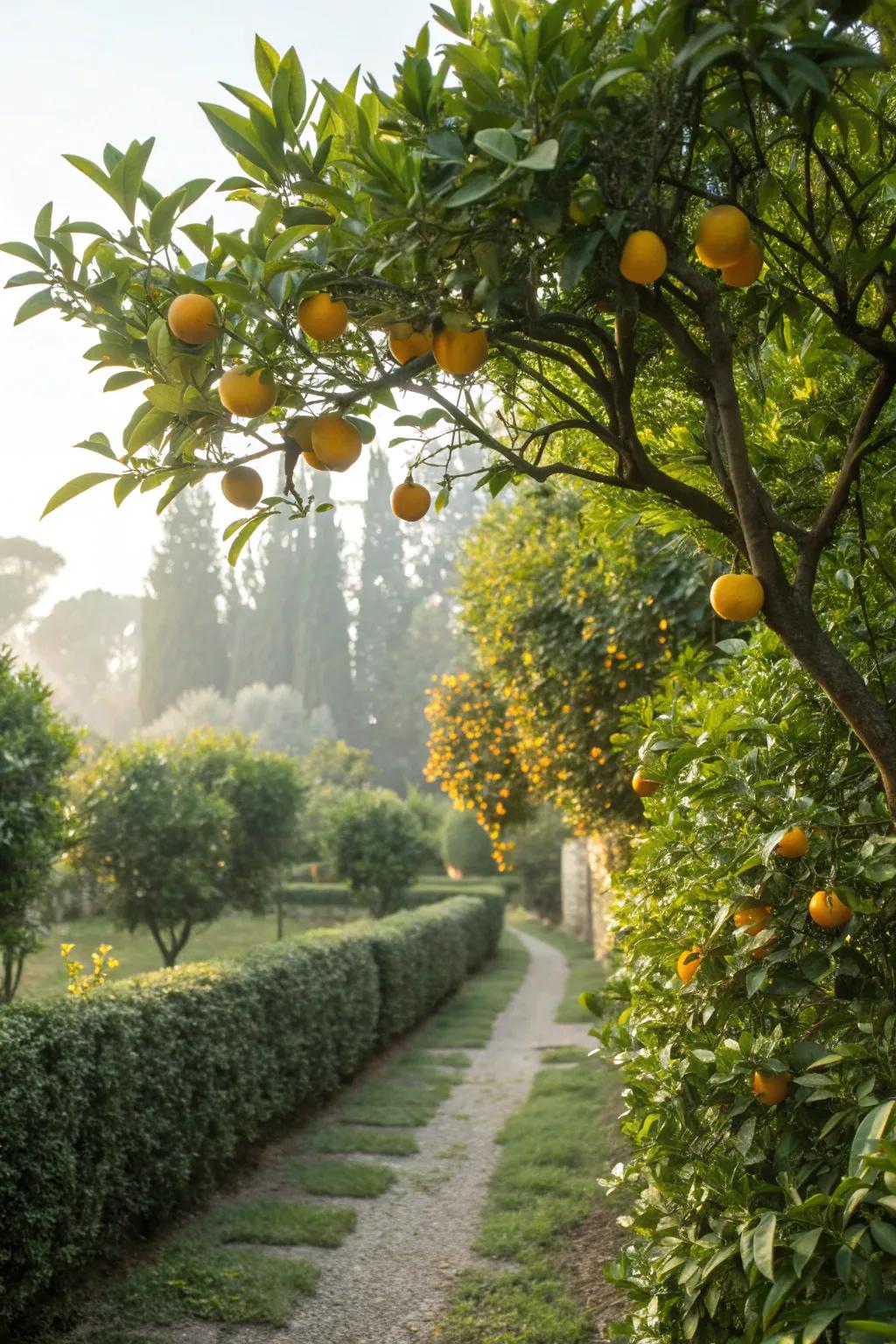 Citrus trees adding color and fresh flavors to the garden.