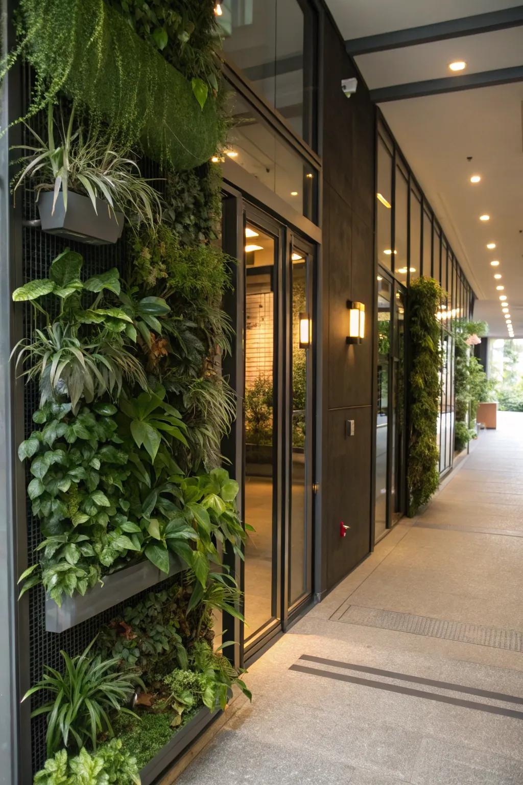 Vertical planters transform the side wall into a mini garden.