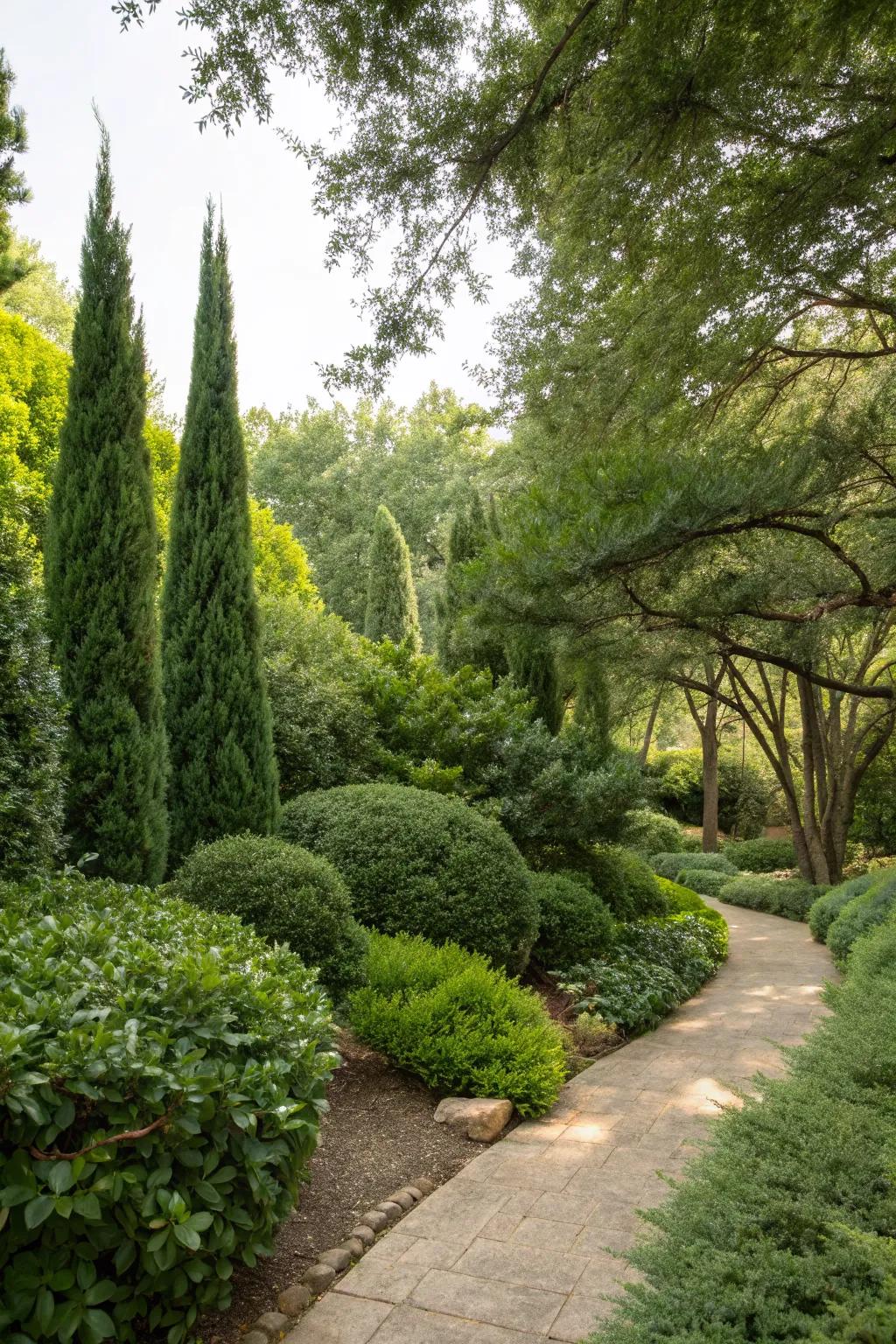 Evergreens provide privacy and structure throughout the year.