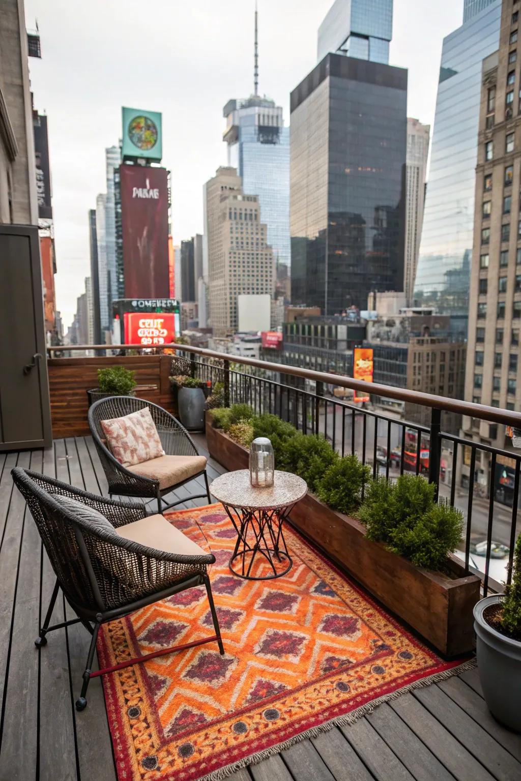 Outdoor rugs add comfort and style to a NYC balcony.