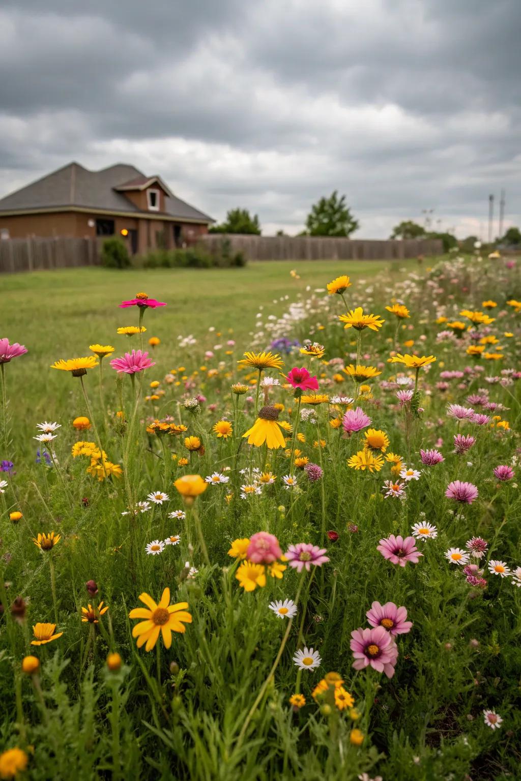 A wildflower meadow adds color and is easy to maintain.