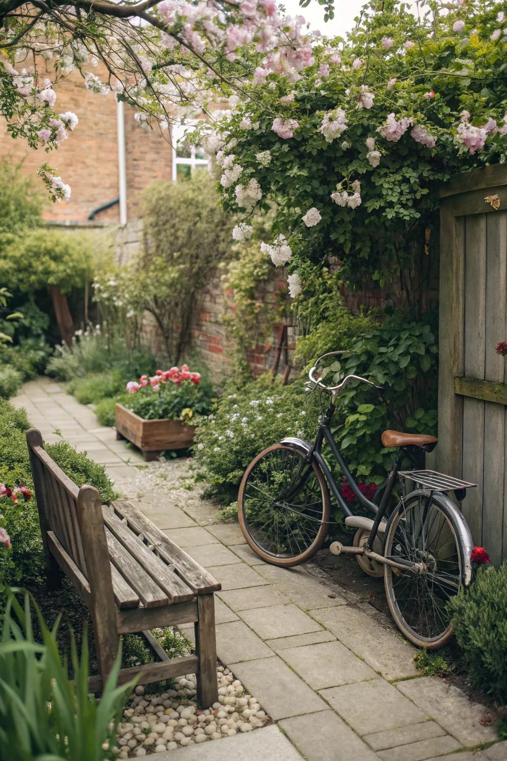 A bicycle seating area offers a cozy garden nook.