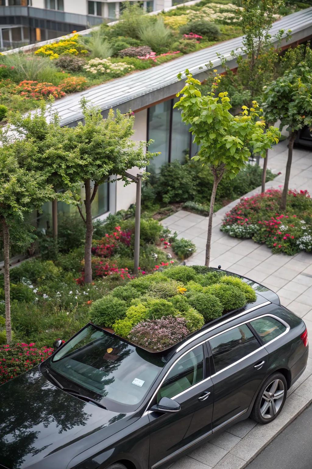A car's roof transformed into a green garden retreat.