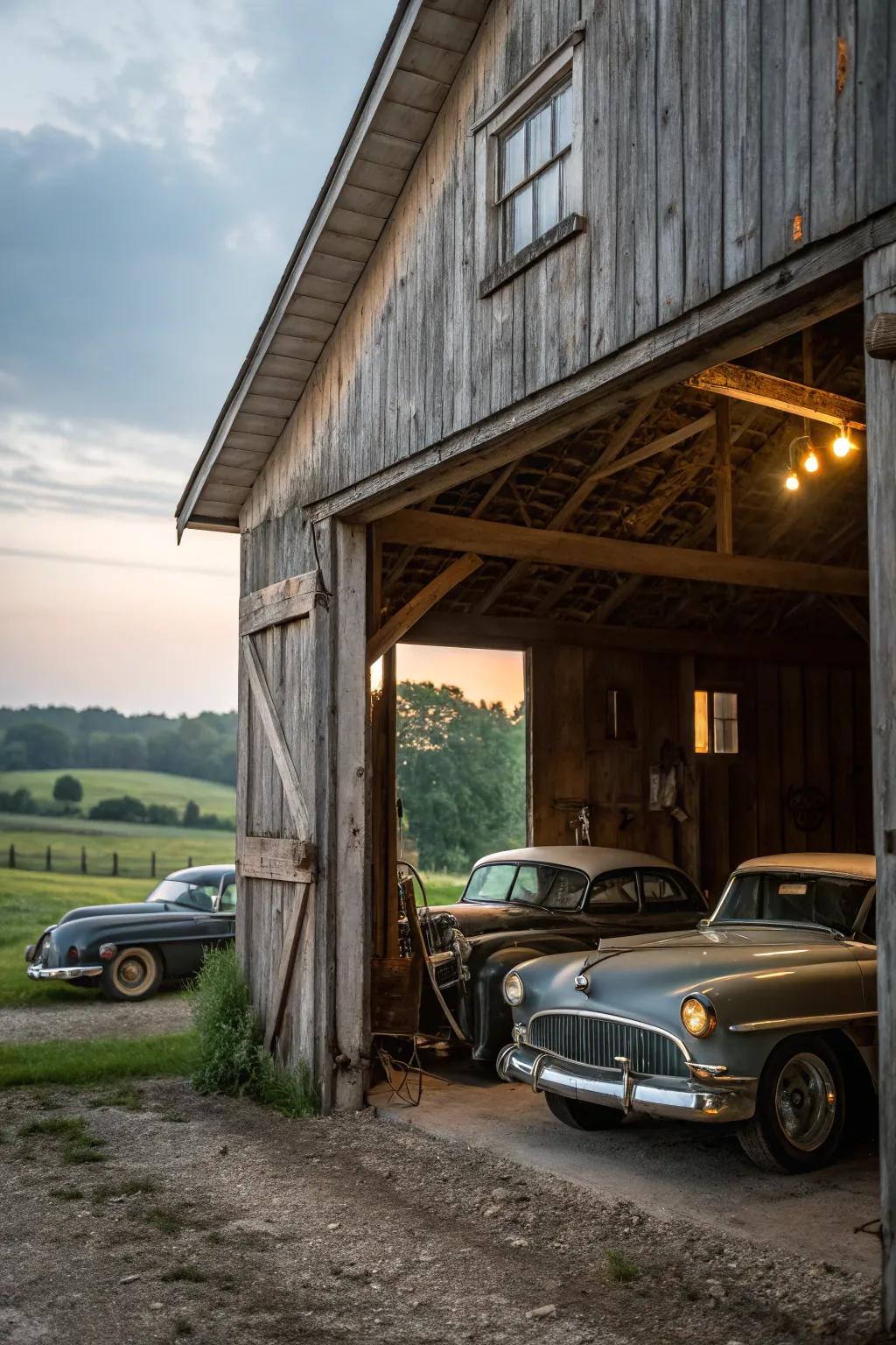 A charming garage for vintage car enthusiasts.