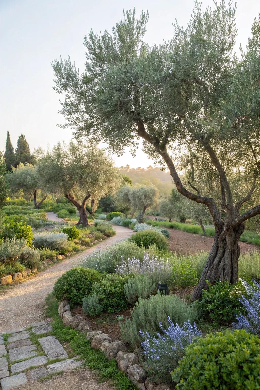 A garden with olive trees and a mix of rosemary and thyme.