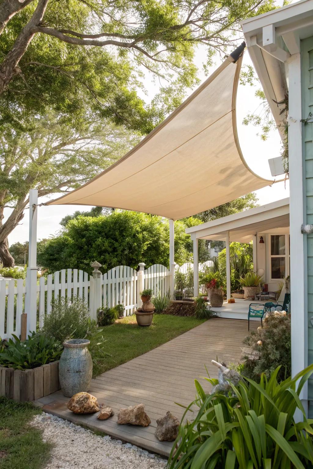 A shade sail brings a touch of the coast.