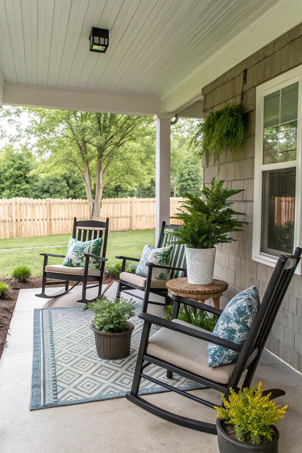 Symmetrical arrangements bring balance and harmony to a porch.