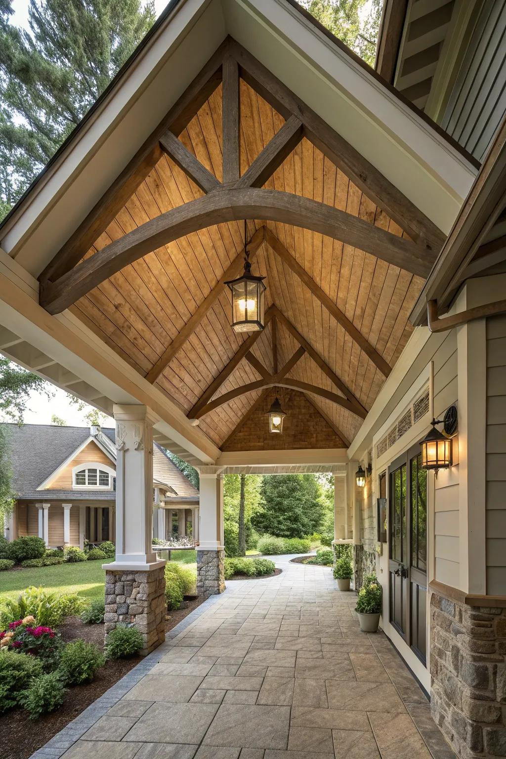 Textured roof trusses add visual interest to the porch.