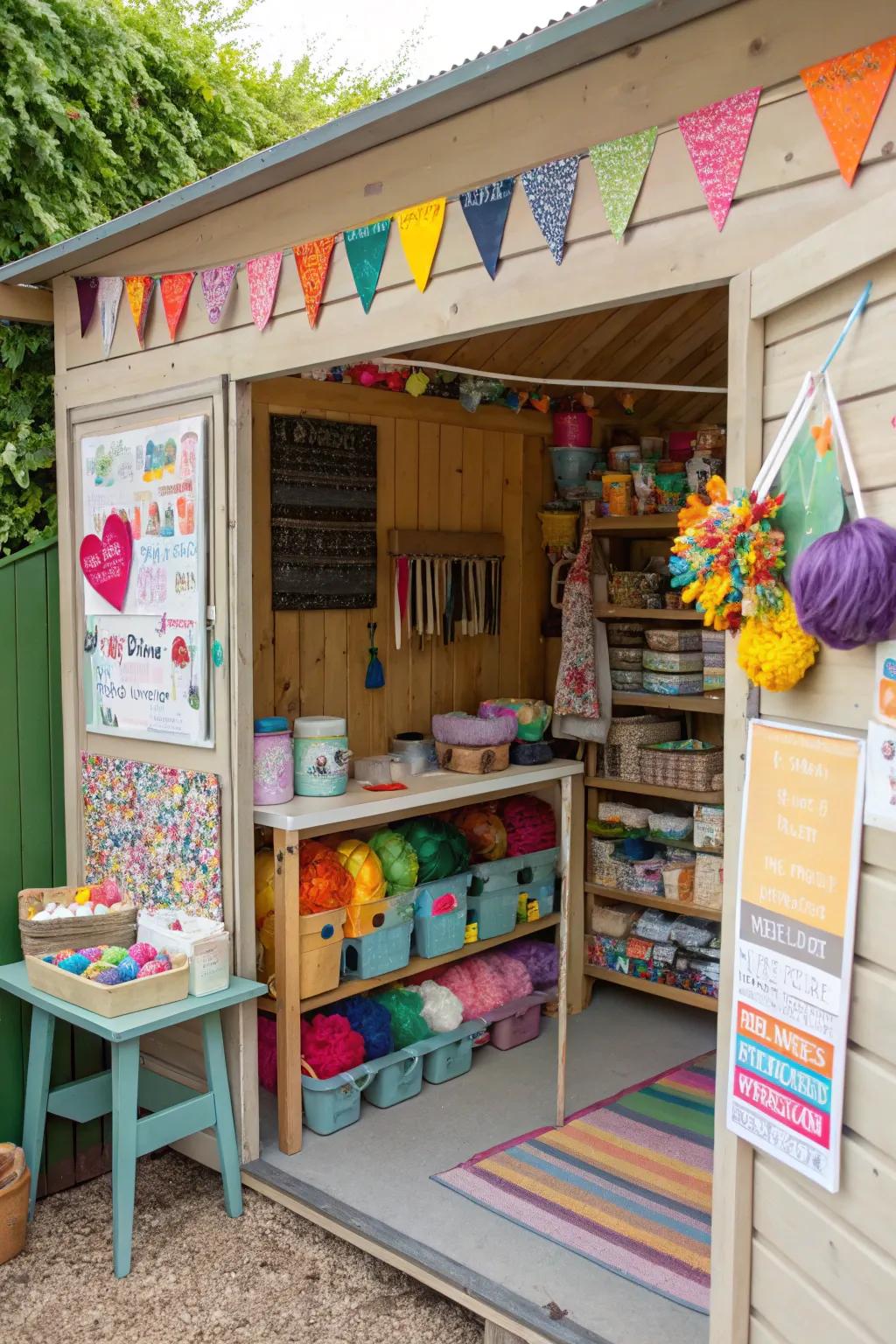 A vibrant crafts corner in an open shed.