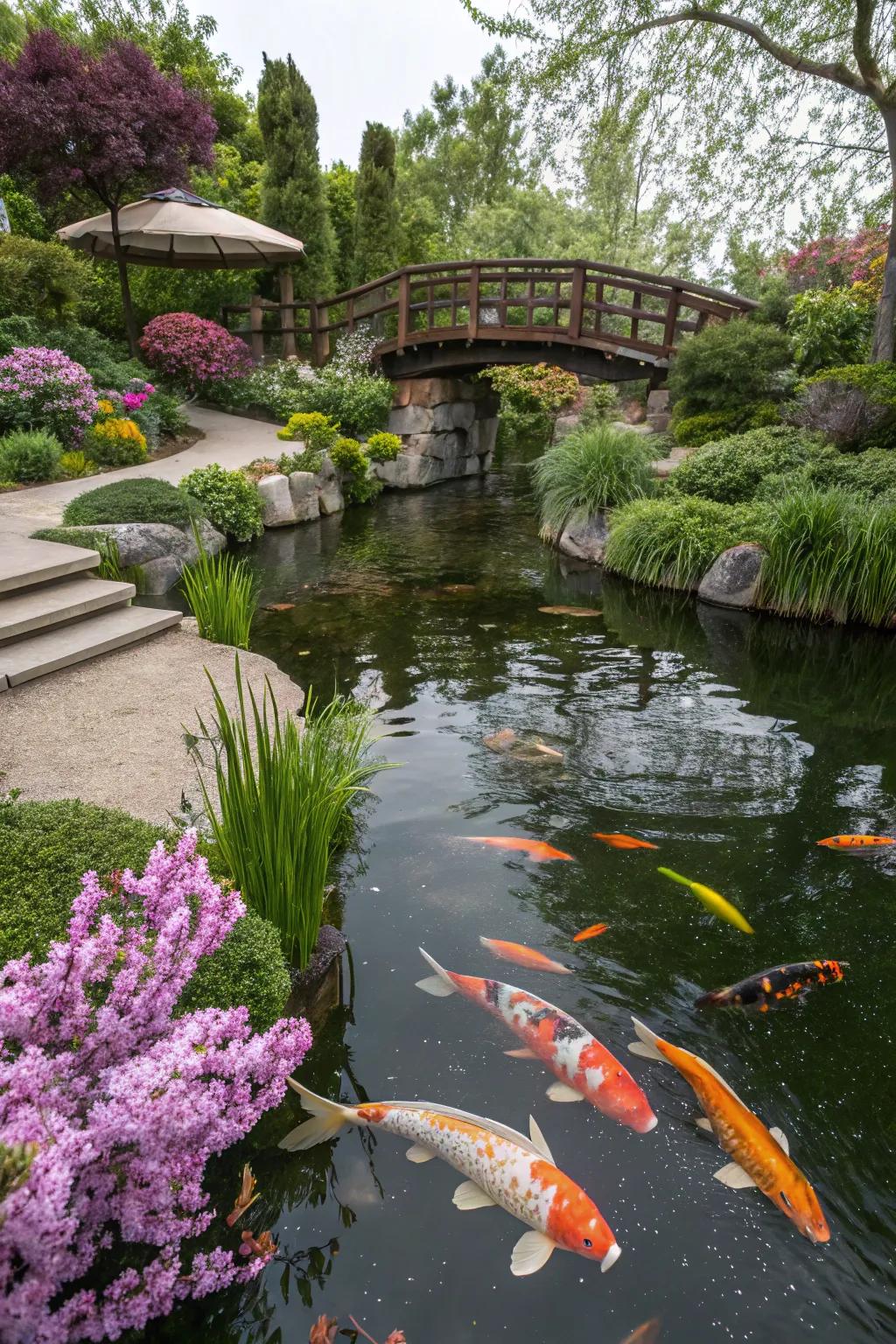 Colorful koi fish swimming in a tranquil pond.