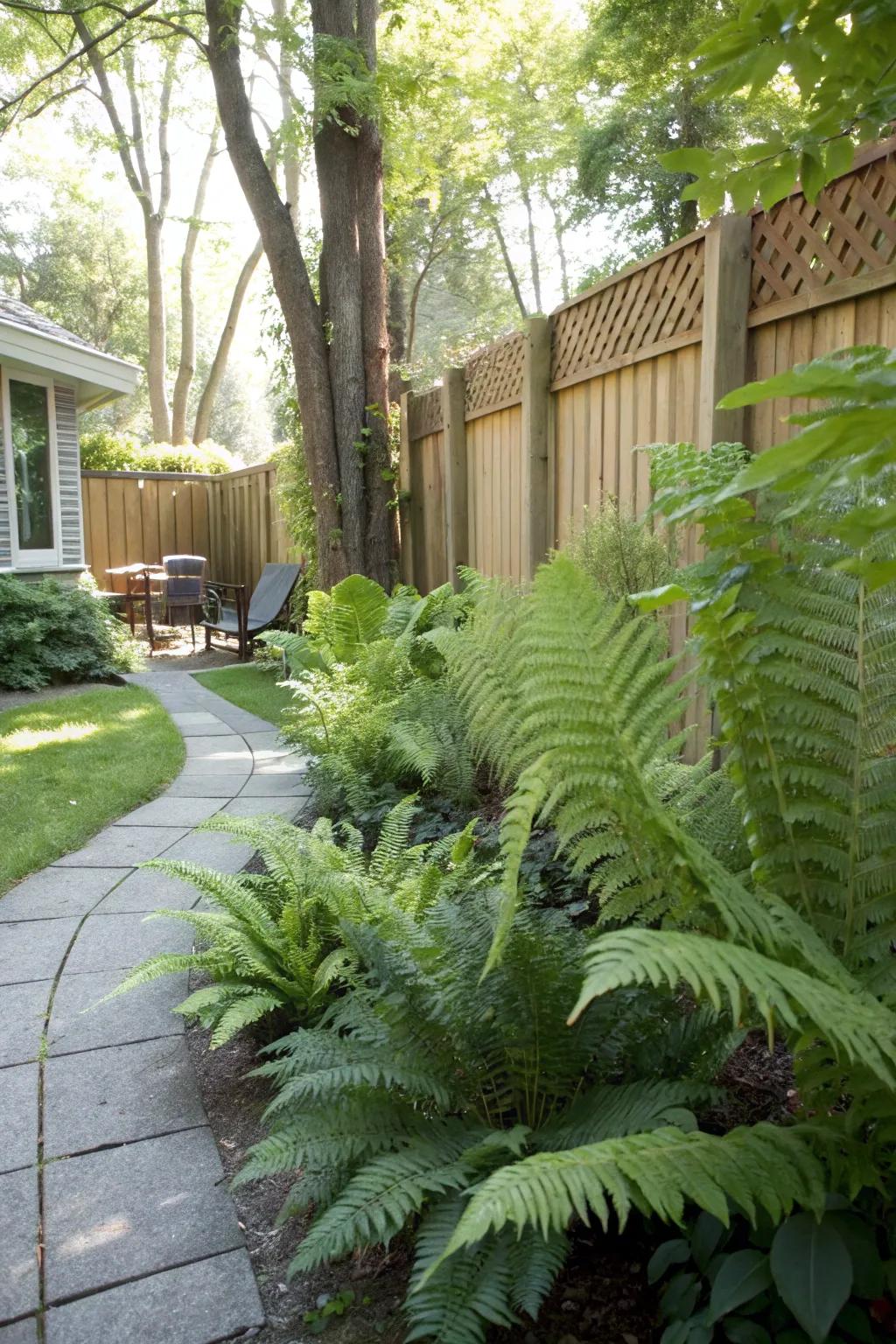 Ostrich ferns providing a lush, natural privacy screen.