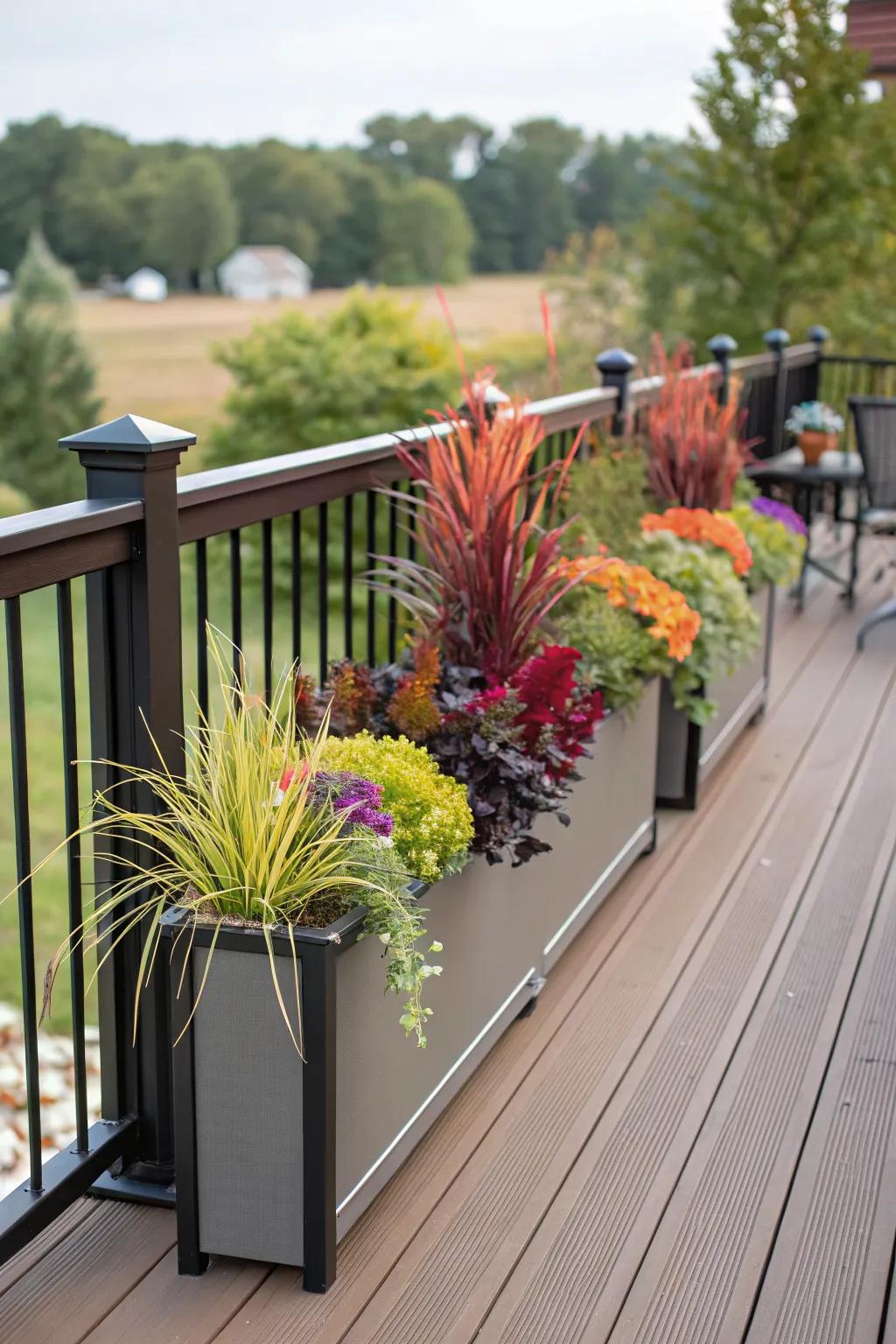 Deck rail planters bring color without care.