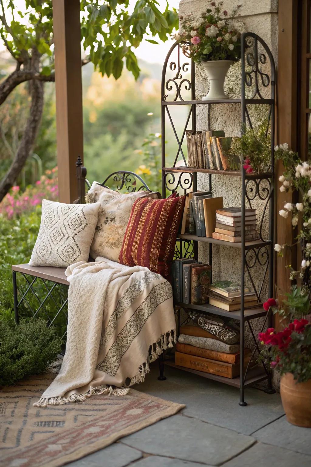 A tranquil reading nook on a baker's rack, offering a cozy escape in the garden.
