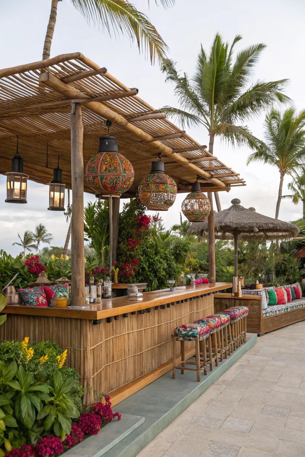 Bamboo covers offer an eco-friendly and tropical vibe for your outdoor bar.
