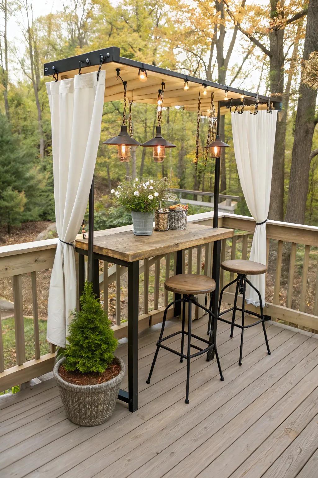 A hanging bar table maximizes space and offers a unique design.