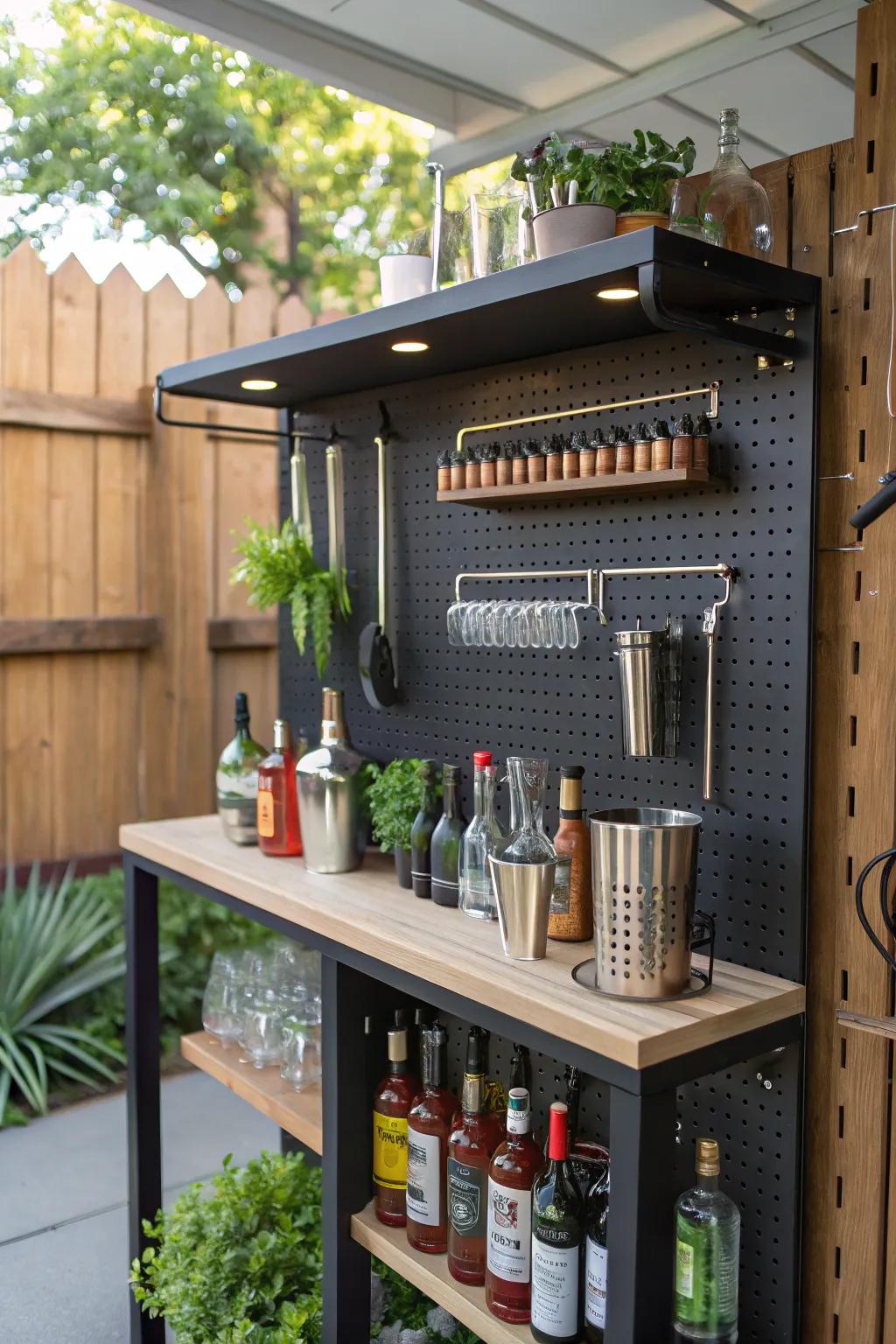 Pegboards offer customizable and dynamic bar arrangements.