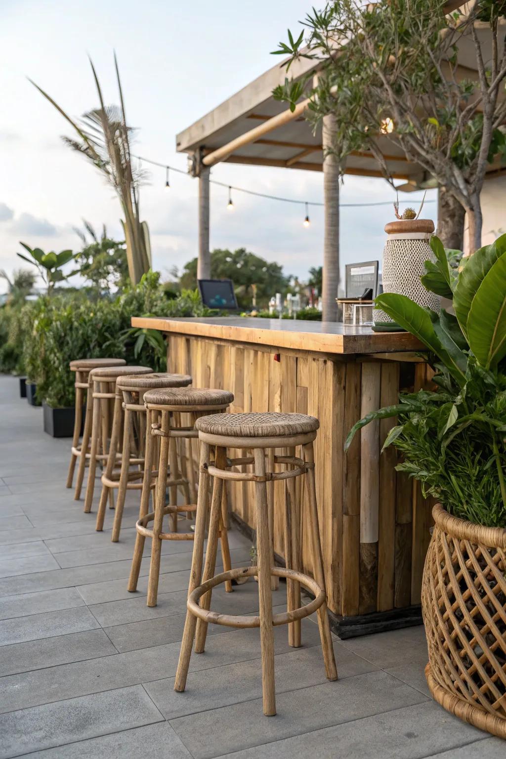 Choose eco-friendly bar stools for a sustainable outdoor setup.