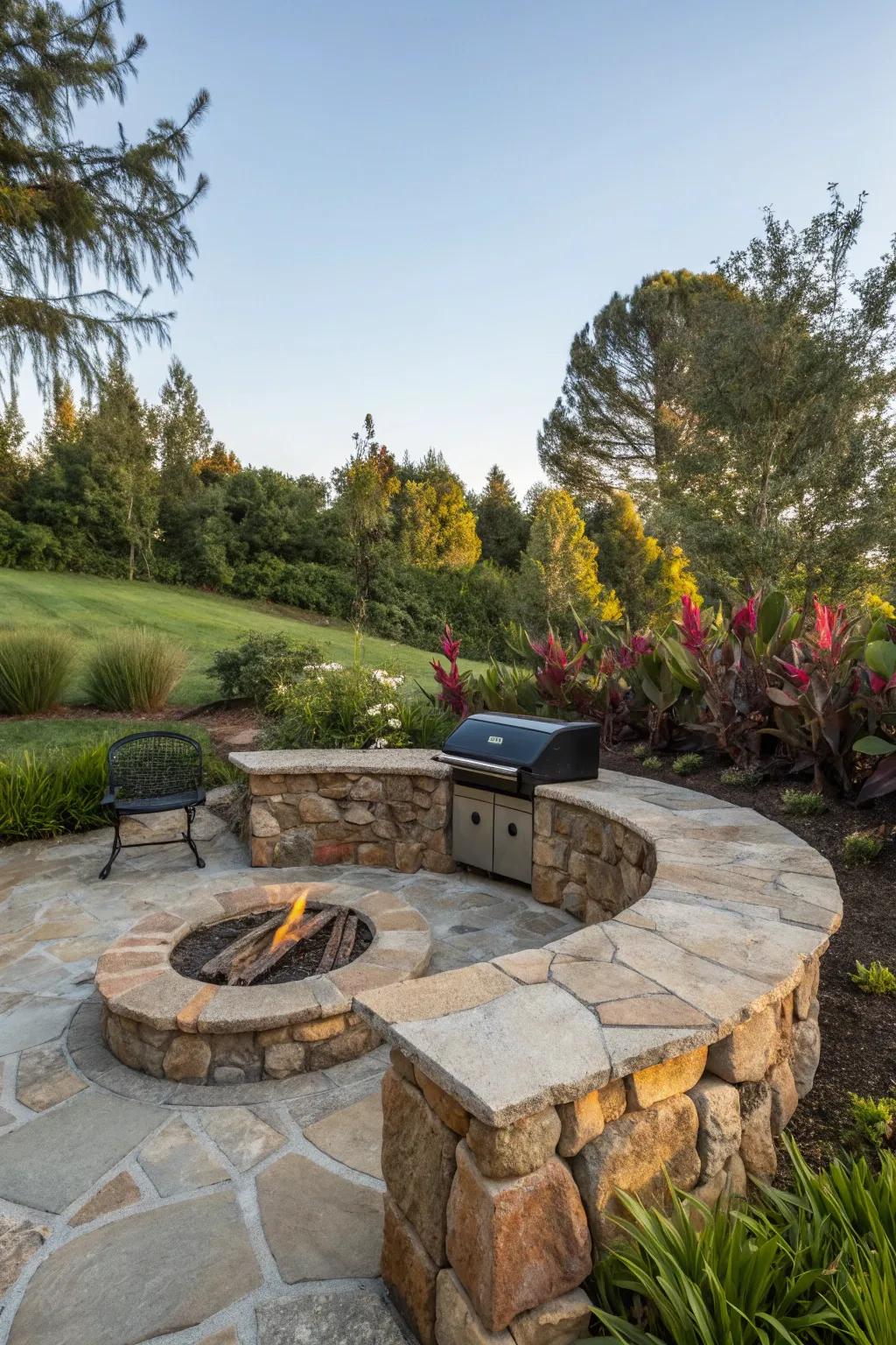 Enhance social gatherings with a fire pit and built-in seating.